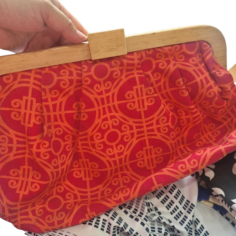 Pink Orange canvas wooden handle summer clutch bag - Picture 4 of 6